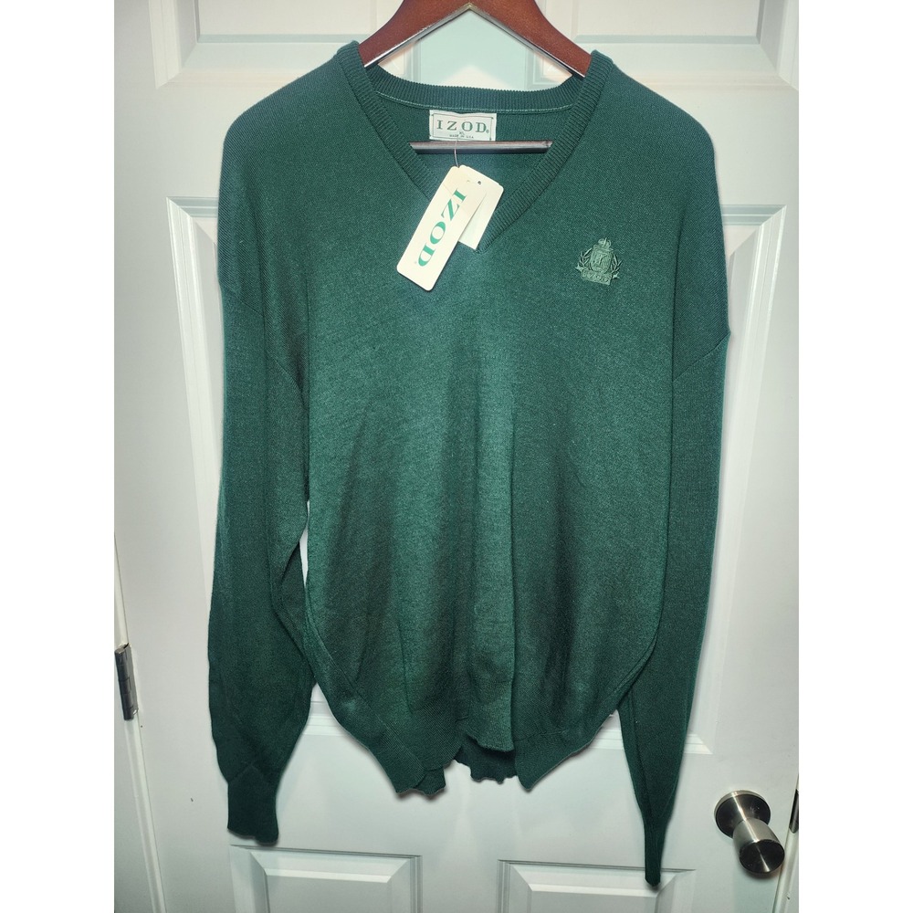 Vintage NOS Izod Mens XL Green V-Neck Sweater 80s Made in USA Crest Logo